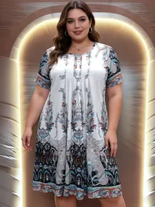 Women's Boho Bohemian Paisley Print Round Neck Short Sleeve Dress, Casual Party Mini Dress, Fitted All over Print, Summer Fashion