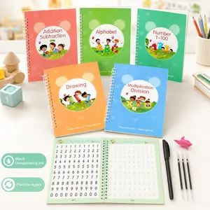 Kids Handwriting Practice Workbook Set 5 Spiral Grooved Tracing Books with Disappearing Ink Pen Replacement Refills and Writing Grip Preschool Alphabet Number Math Drawing Activities Colorful Compact Portable