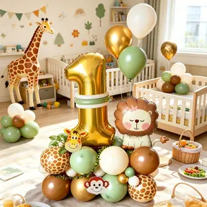 39-Piece Animal Theme Birthday Decoration Balloon Set, Includes 32-Inch Numbers, Lion, Giraffe, Monkey Shapes, Ideal for Birthdays, Zoo Decor, Latex Balloons, Foil Balloons