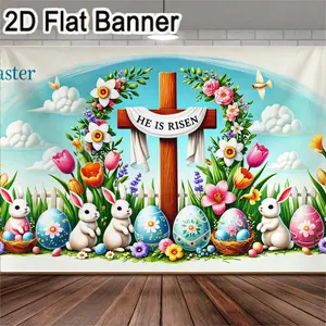2D flat banner, 1pcEaster-themed garden backdrop featuring a wooden cross with white cloth and 'HE IS RISEN' text, surrounded by vibrant floral arrangements and colorful Easter eggs, perfect for Easter celebrations, springtime events, garden partie