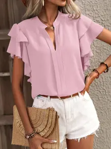 Women's Summer New V-Neck Elegant Feminine Ruffle Sleeve Solid Color Blouse, Fitted Shirt Top, Casual Fashion Clothing for Women