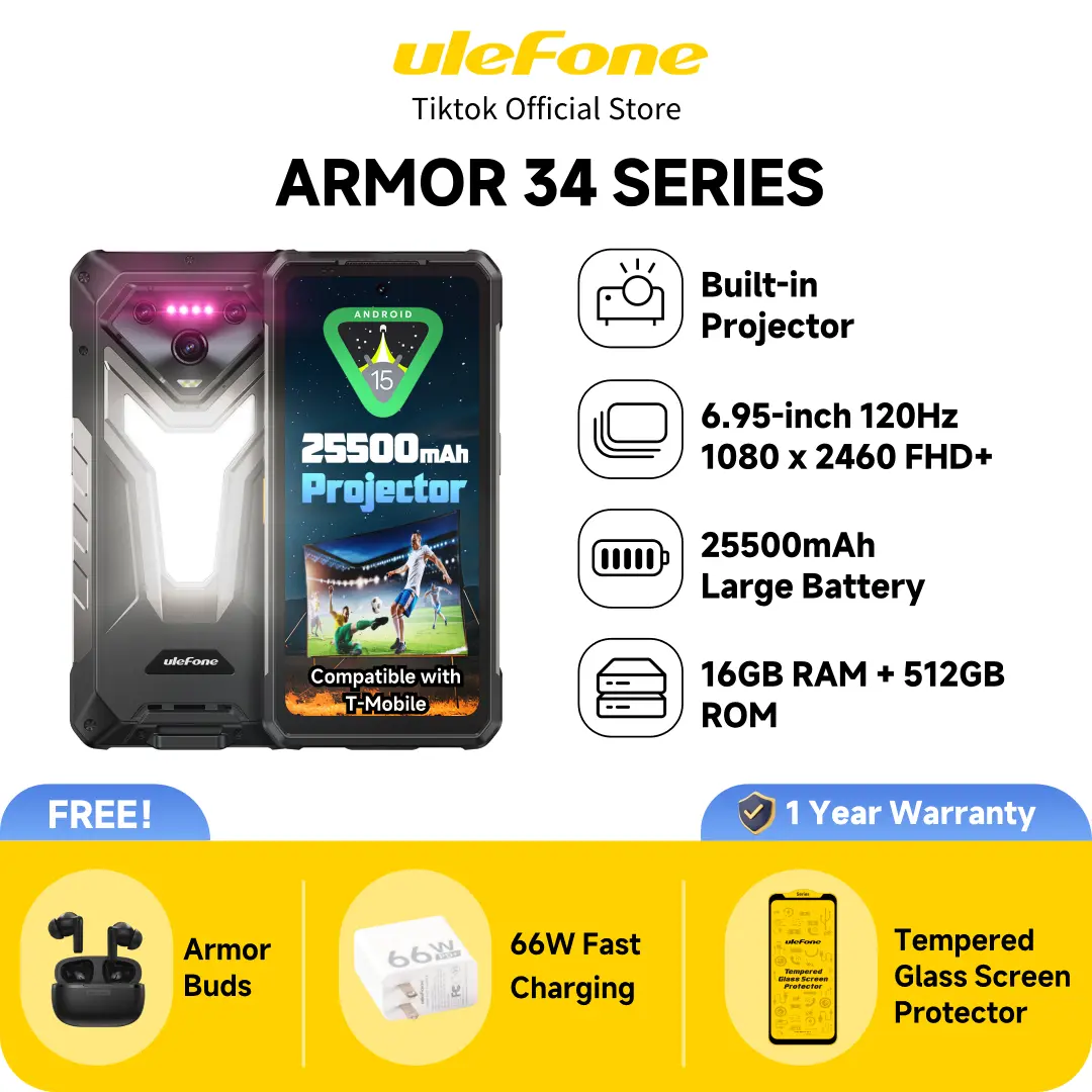 Ulefone Armor 34 Plus/Armor 34 pro Plus Unlock 5G Rugged Phone,Built-in DLP Projector,32GB+512GB,6.95'' FHD+ & 120Hz Screen,25500mAh(66W) Fast Charging,IP68/IP69K,IR Blaster,Android 15,Durable Phone for Outdoor/Construction Work Smartphone