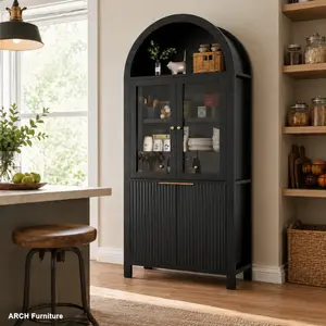 ARCH 71" Fluted Tall Arched Freestanding Functional Multi-Function Glass Cabinet, Pantry with Adjustable Shelves, Hidden Drawer for Kitchen, Living Room, Black, Freestanding Glass Cabinets, Functional Glass Cabinets