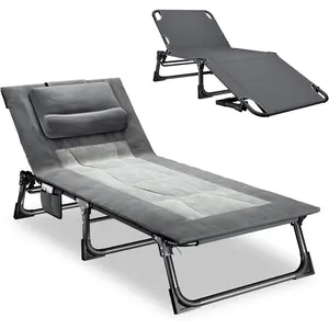 Folding Camping Cot for Adults, Adjustable 4-Position Reclining Lounge Chair with Mattress and Pillow, Camp Cots Bed for Sleeping, Travel, Garden, Pool, Office Nap (Gray)