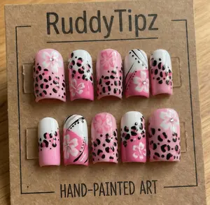 Pink Leopard Press On Nails, Tropical Flower Cheetah Design