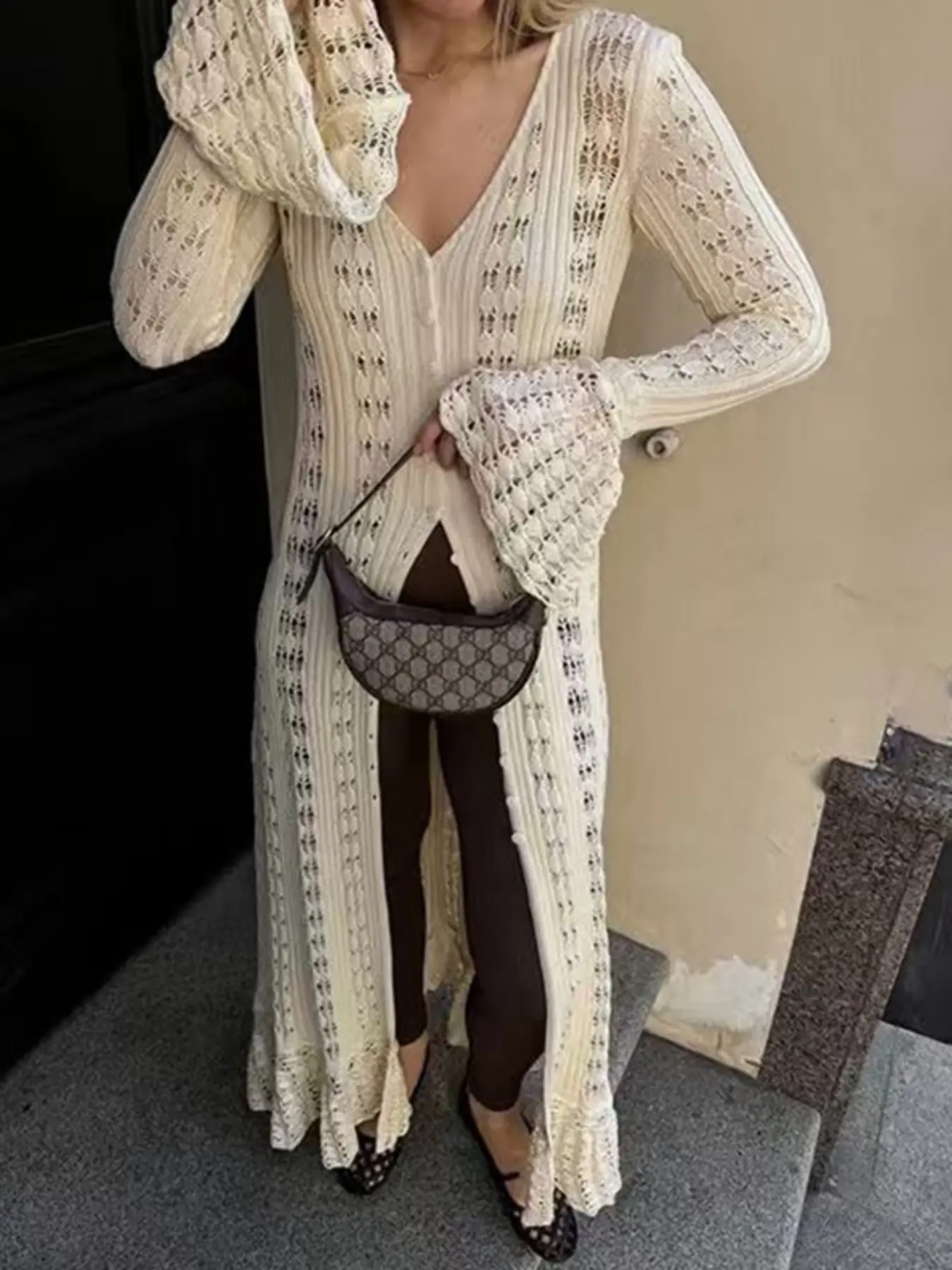 Pure Color Long Style Flare Sleeve Knit Cardigan, Fashion Casual Hollow Out Cover Up, Fitted Moderate Fabric, All Seasons Wear, Knitwear, Knitted, Flared, Solid