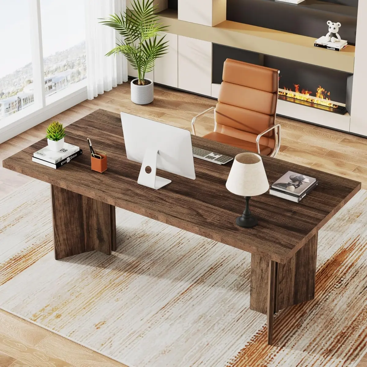Emoottoo TB-JW0880X 63 in. Farmhouse Vintage Wood Computer Workstation Executive Desk with Thickened Tabletop, Large - Dark Walnut Finish