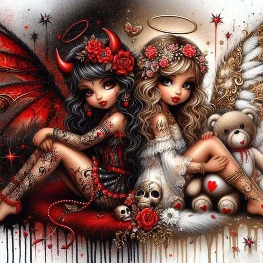 1pcs 5D DIY diamond painting kit, 5D diamond art set, DIY decoration, Angel Demon Bear diamond painting kit full round diamonds DIY, mosaic, diamond art, DIY art home decoration, suitable for Halloween and Christmas, Handicraft