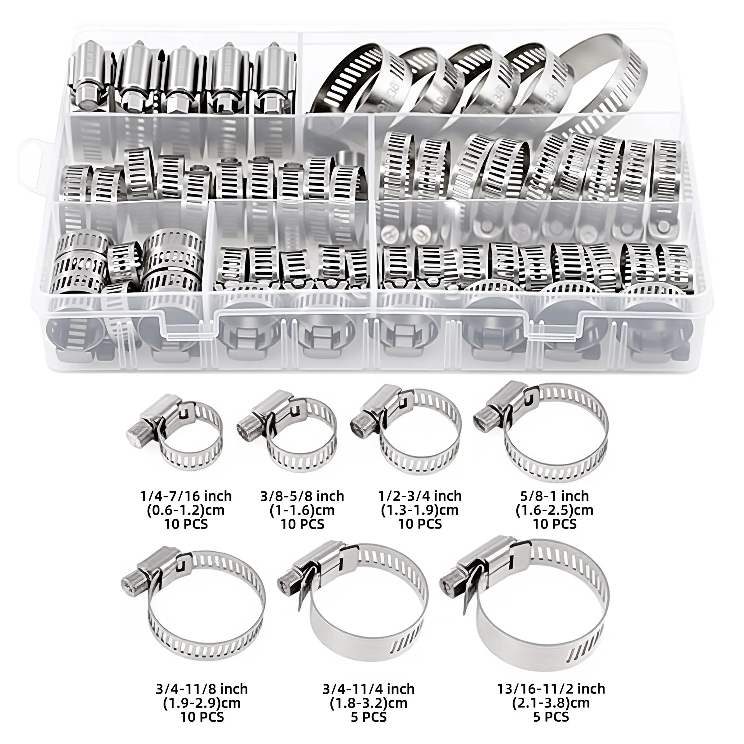60pcs hose clamps stainless steel assortment kit 1/4'-1-1/2' adjustable for fuel line plumbing automotive mechanical applications Hose Pipe Fuel Line Fittings Pipe Parts