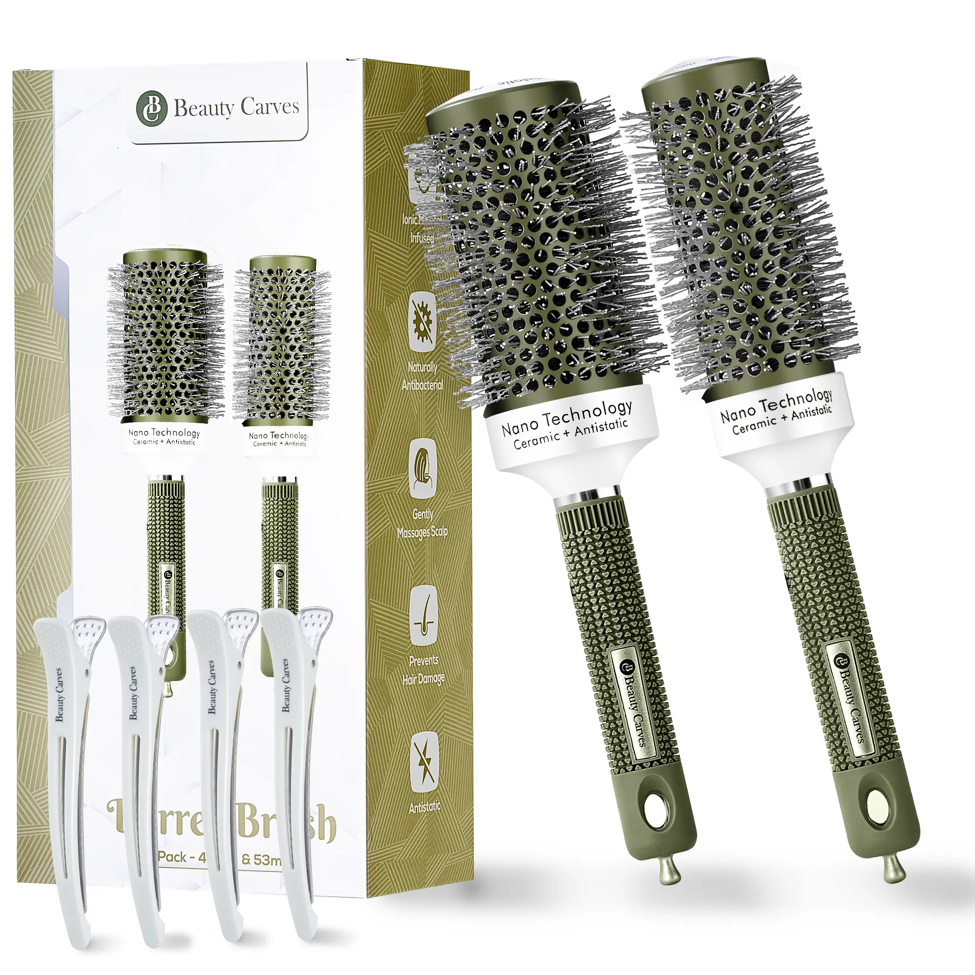 Beauty Carves Ergonomic Round Hair Brush Set - 45&53mm Barrels, 4 Clips, Flexible Nylon 66 Bristles, Nano Ionic Heat-Resistant Heat Brush for Professional Hair Curl Styling, Curl Edge Accessories, Dry Shining Texture