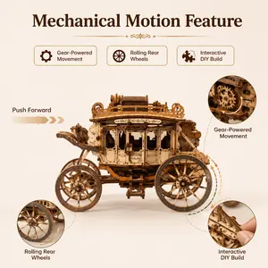 ROBOTIME AMKA1 Wooden Stagecoach Music Box Puzzle, Mechanical 3D Buildable STEM Kit, Fun Gifts for Adults, Ideal for Graduation & Valentine’s Day Gifting