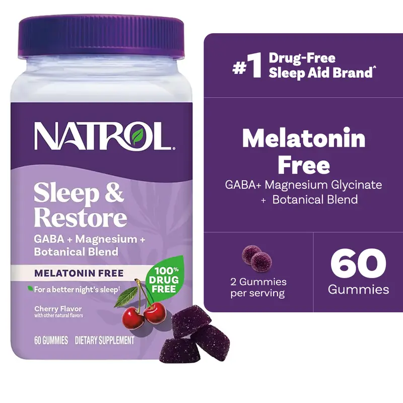 NATROL Non-Melatonin Sleep & Restore Chewable Deep Sleep Gummies, 60 Count, Gelatin-Free, Magnesium & GABA Infused, Cherry-Lemon Flavor, Cane Sugar, Edible Dietary Self-Care Supplement