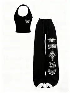 2026 Women's New 2-Piece Set, Simple Sexy Bandeau Top with Dumbbell Print, Loose High-Waist Pants, Urban Outdoor Fashion