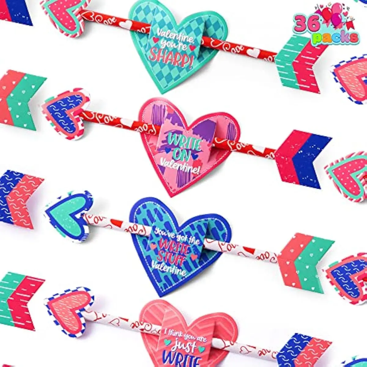 36 Pack Valentines Day Cupid's Arrow Pencil Set with Gift Cards, Party Favors for Classroom Exchange Prizes
