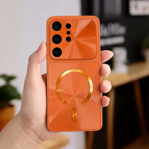 Dual-Panel Sunburst MagSafe Phone Case - Split Radial Laser Metal Back, Built-In Magnetic Ring, Full Camera Protection, Shockproof TPU Bumper, Wireless Charging Compatible for Samsung Galaxy S Series
