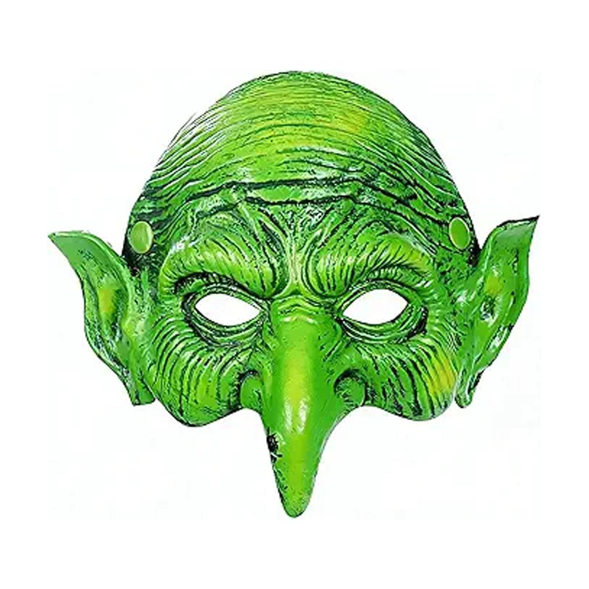 green goblin mask，Horror Green Witch Mask, realistic pleated texture and pointed ear design, suitable for cosplayers with Halloween horror themes, haunted house carnival prank props, movie night role-playing theme party decoration accessories