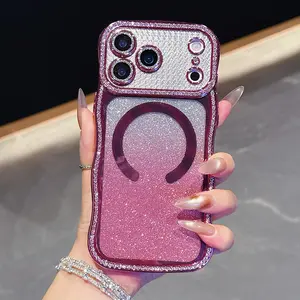 Creative Wave Electroplated Large Window Star Diamond Glitter Lens Film, Magnetic Wireless Charging, Gradient Glitter Card Phone Case for iPhone
