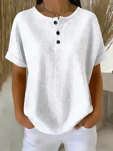 Women's Waffle Knit Short Sleeve Top, Summer Half Button Front Casual Minimalist Fashion Round Neck Shirt, Comfortable and Stylish Basic Fitted Tee Womenswear