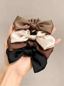 4-Pack Korean Satin Bow Hair Ties, Elegant Plain Design, No Ca Prop 65, Instantly Elevate Your Style, Perfect for Everyday Use