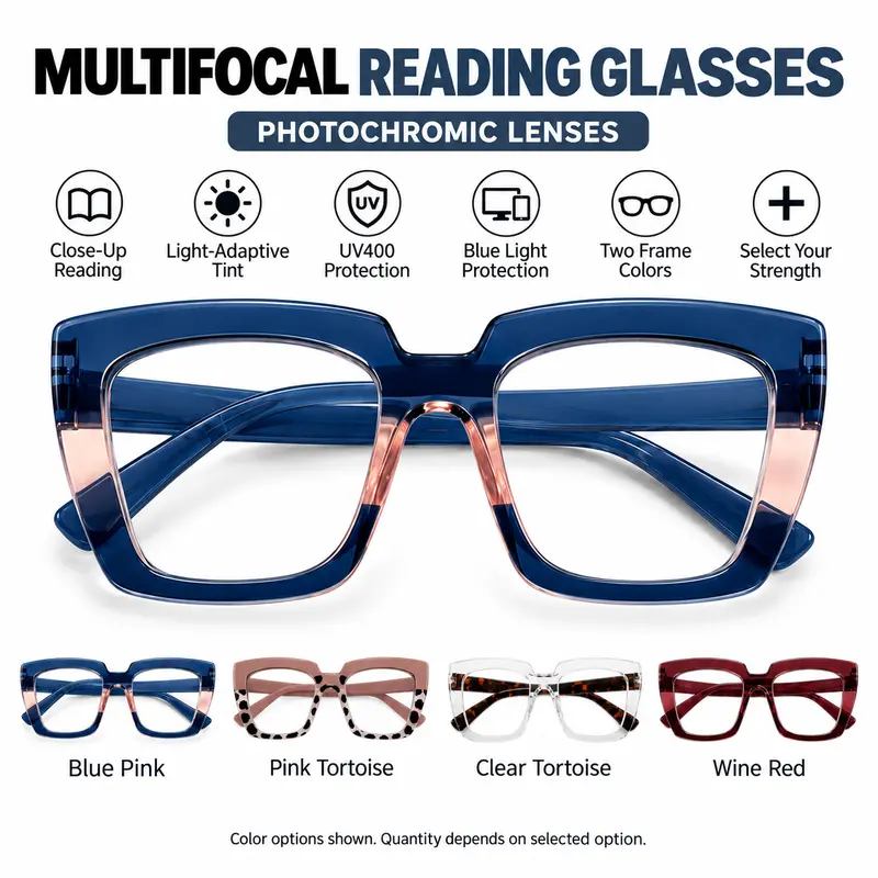 Unisex Progressive Multifocal Photochromic Reading Eyeglasses, UV-Protective Photochromic Lenses, Blue Light Filter, Lightweight Oversized Frames for Reading & Screen Time, Anti-Blue Light Non-Prescription Glasses, Outdoor Darkening, Blue Light Blocking L