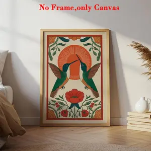 1 PC, Wall Art, Vintage Poster, Scandinavian Hummingbird Art Print, Floral Abstract Design, Nature Folk Canvas Painting, Unique and Creative Wall Aesthetic Decor, Perfect Decoration for Living Room and Bedroom, Unframed