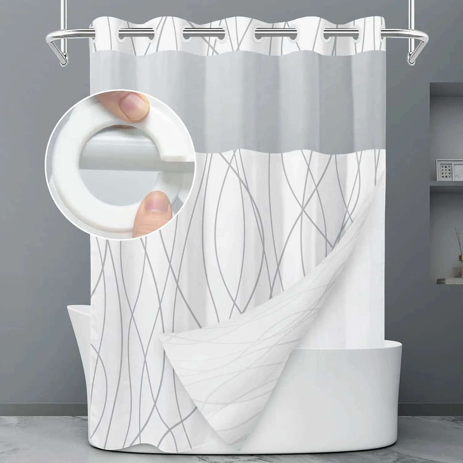 No Hook Grey White Striped Shower Curtain with Snap in Fabric Liner Set, Machine Washable, 71x74 INCH, Hotel Liner Set with See Through Top Window