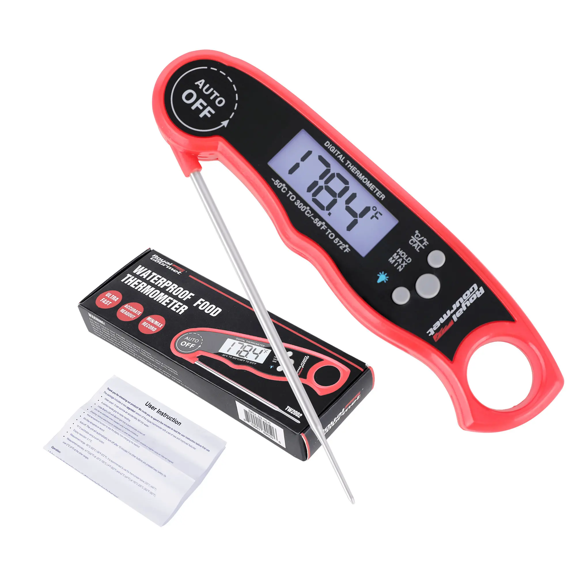 Royal Gourmet TW2002 Meat Food Thermometer, Ultra Fast, Waterproof Digital Kitchen Cooking Food Foldable Probe, Auto-off for Oil Deep Fry Candy BBQ Turkey Liquid, Red Utensils