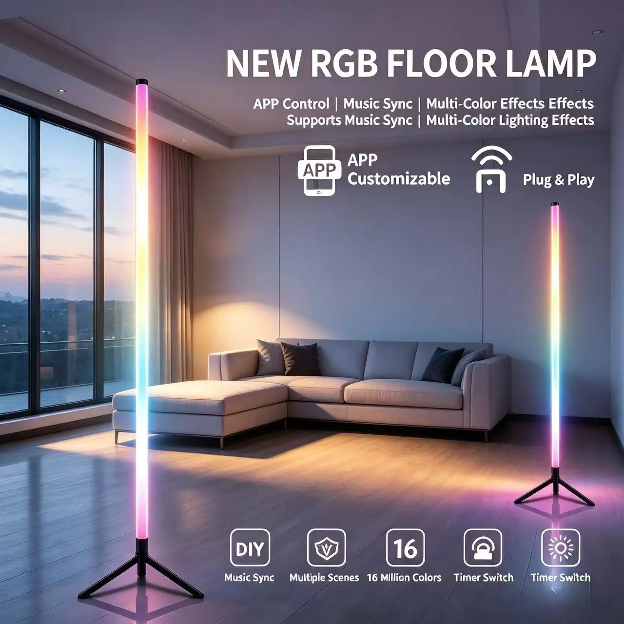 Multi-mode Dimmable Atmosphere Lamp for Gaming Rooms, Decorative Floor Standing Light