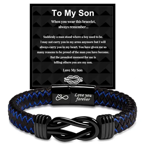 1PC Leather Braided Weave Knotted Bracelet - Fashion Costume Jewelry with 8.5 in Size, 29g Weight, Anti-Oxidation Clasp, "Love You Forever" Emotional Expression, Mom/Dad Birthday & Daily Wear Gift for Son