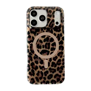 For iPhone 17 16 15 14 13 12 Pro Max Magnetic Case Leopard Cheetah Print Leopard Aesthetic Bling Case Cute Clear Silicone Shockproof Protective Case