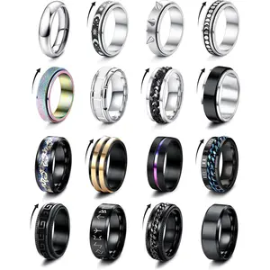 [New Series]Besteel 16 Pcs Surgical Stainless Steel Band Rings for Men Women Fidget Rings Spinner Rings for Anxiety Relief Band Rings Wedding Pormise Engagement Rings Set Size 7-13 the Wind, Flowers, Snow,&Moon Series