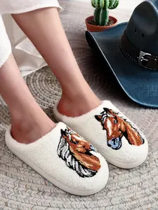 Horse Head Embroidery Design Slippers, Casual Soft Comfortable Home Slippers, Fashionable Slippers for Indoor & Outdoor Wear, Walking Shoes