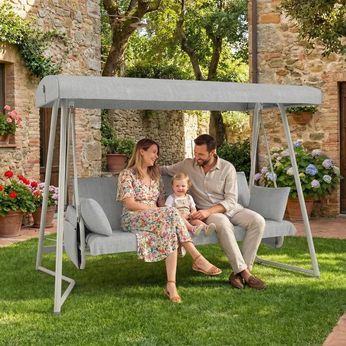 3-in-1 Hanging Patio Swing Bed with Adjustable Canopy , 3-Seater Supports 600 lbs , 45° Tilt Canopy , Outdoor Waterproof & Rust-Resistant, champagne