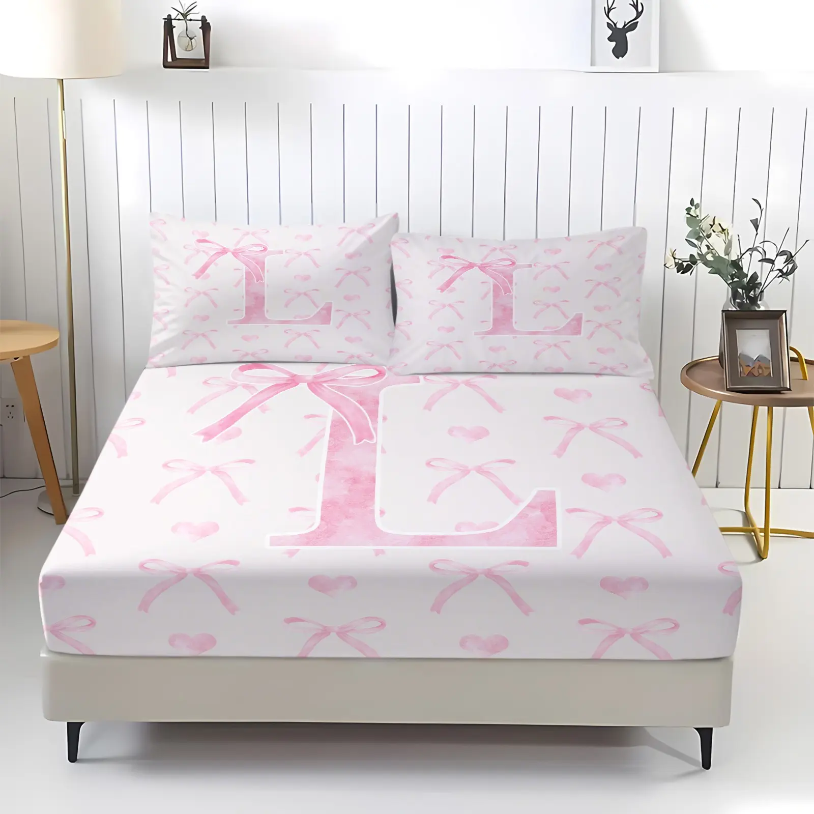 Custom Initial L Bow Fitted Sheet Set, 1 Fitted Sheet + 2 Pillowcases, Personalized Pink Watercolor Bow & Heart Print Bedding, Soft Breathable Microfiber Bed Linen, Bed Sheets for Girls Teens, Wrinkle & Fade Resistant