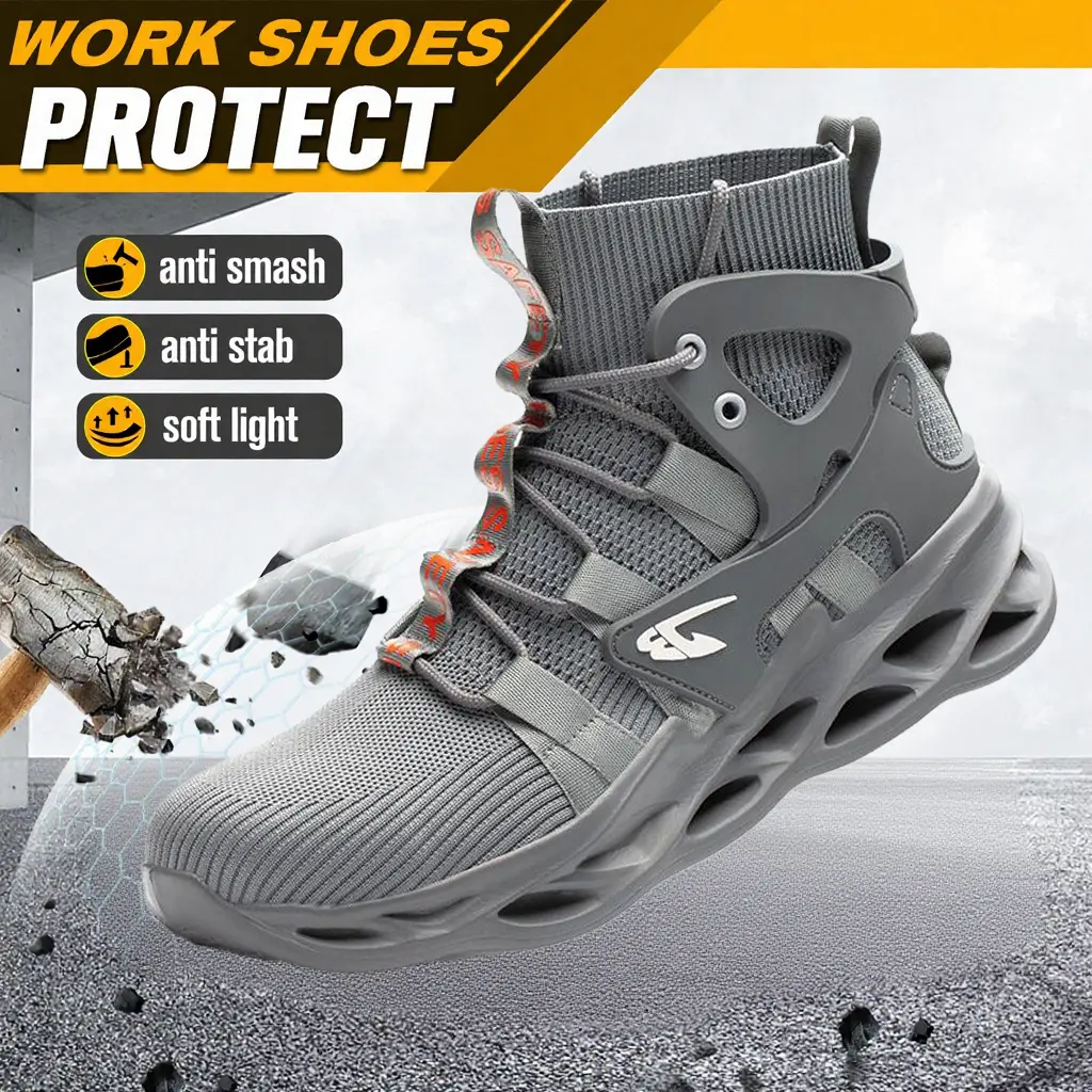 High-top Breathable Anti-crushing Anti-piercing Steel-capped Work Shoes non-slip safety labor protection Polyester Fiber Upper Lace Closure Solid color Sports Sneakers