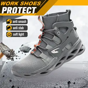 High-top Breathable Anti-crushing Anti-piercing Steel-capped Work Shoes non-slip safety labor protection Polyester Fiber Upper Lace Closure Solid color Sports Sneakers