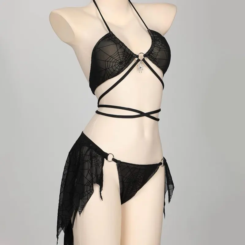 Pretty Crawler Gothic Swimsuit Spider Web Design Dark Style Swimwear Set for Women