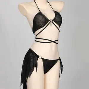 Pretty Crawler Gothic Swimsuit Spider Web Design Dark Style Swimwear Set for Women