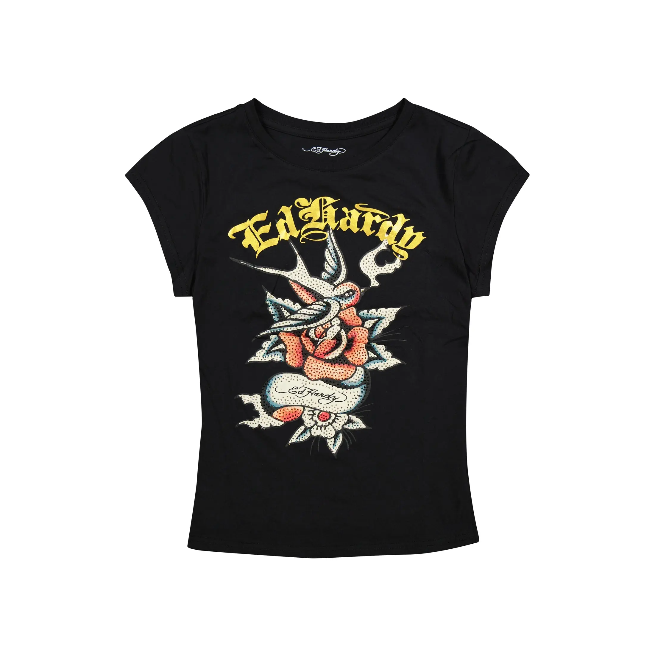 ED HARDY WOMEN SWALLON ROSE RHINSTONE  TEE