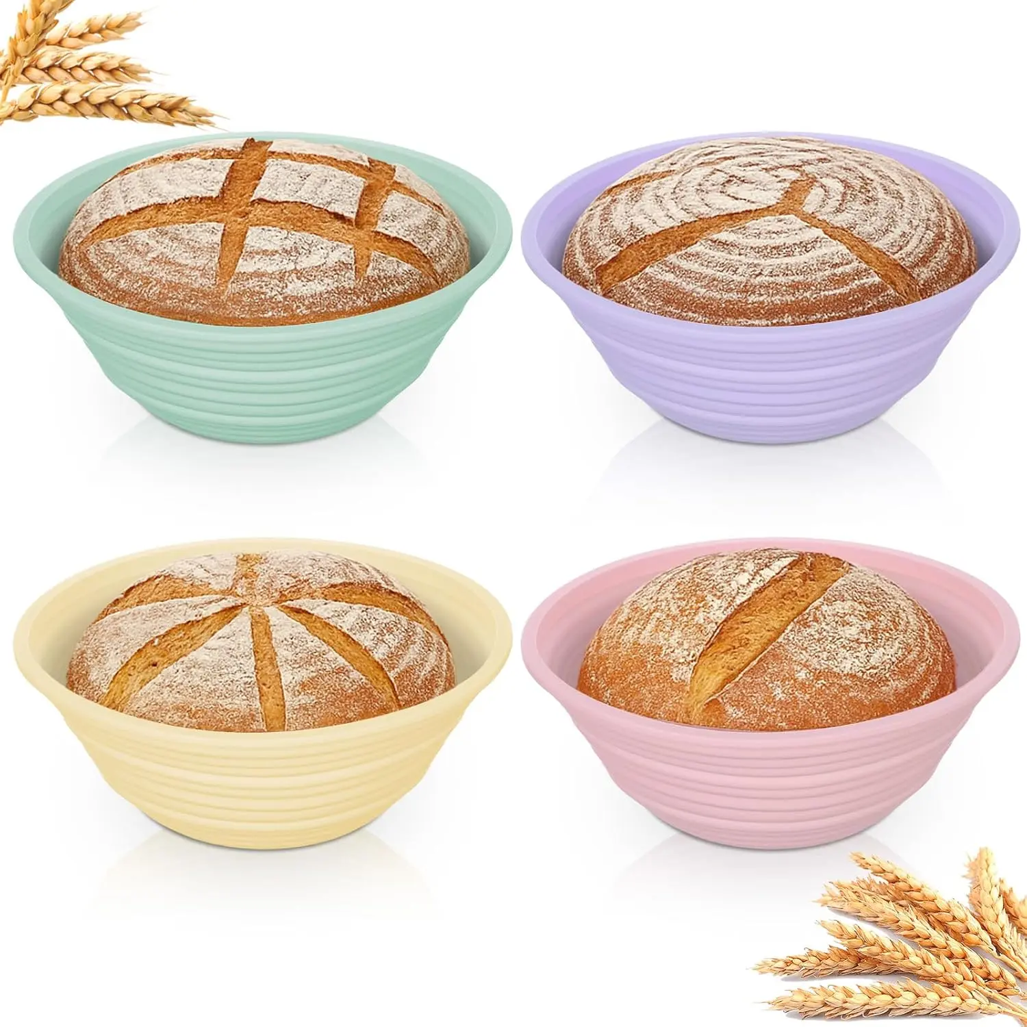 4Pcs Silicone Bread Proofing Basket,9" Collapsible Silicone Proofing Baskets for Sourdough Bread Baking,Non-stick Round Dough Proofing Bowl Sourdough Bread Baking Supplies Bakeware