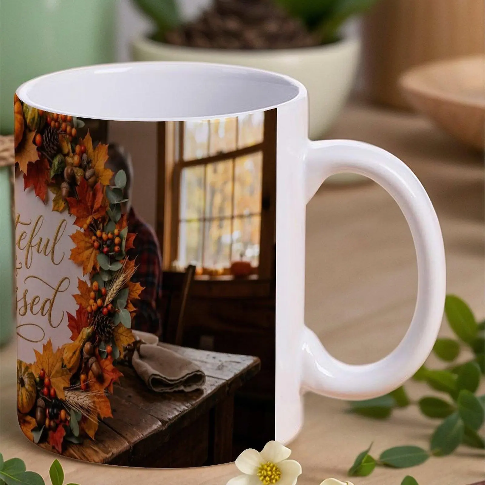 11oz Reusable Ceramic Cup - Thanksgiving Grateful & Blessed Design, Autumn Leaves Pumpkin Print, Festive Home Drinkware for Fall Dinners, Family Gatherings