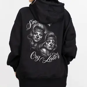Smile now cry later Chicano Clothing Lowrider Chicana Art Gangster Cholo Outfit Cotton Fabric Menswear Casual Streetwear Hoodie Unisex Loose Fit Style 1510 1