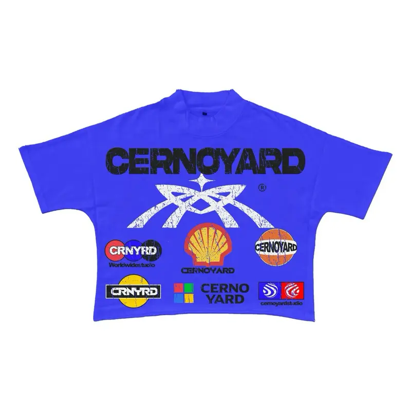 CernoYard Logo Stamp Crop Tee Blue T-Shirt with Distressed Brand Logos and Graphic Design Crewneck Blue Color