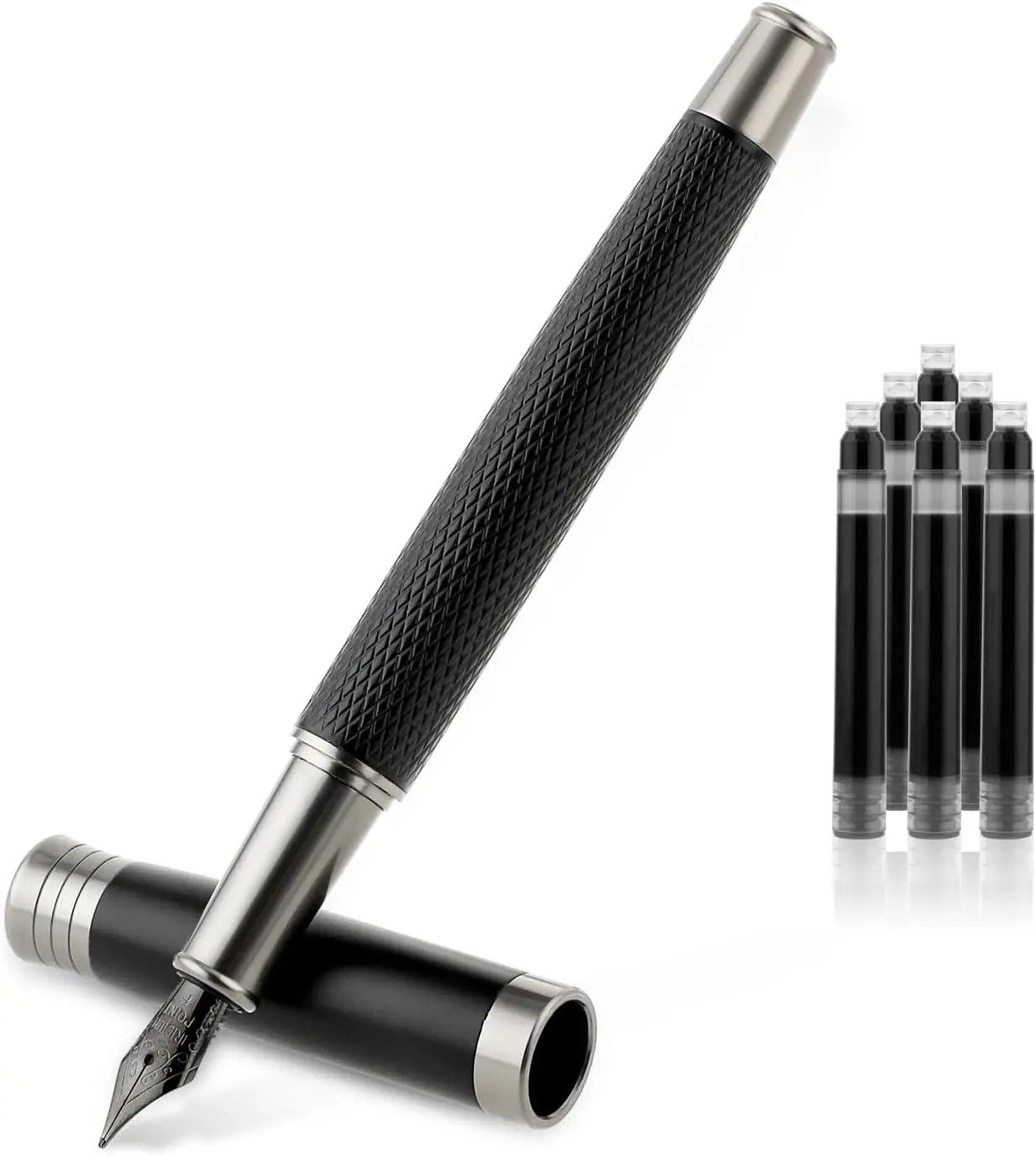 Luxury Fountain Pen Set, Metal Fountain Pen with 6 2.6mm Ink Cartridges Smooth Writing Calligraphy Pens for Journaling Gift Office Business (0.5mm fine point)