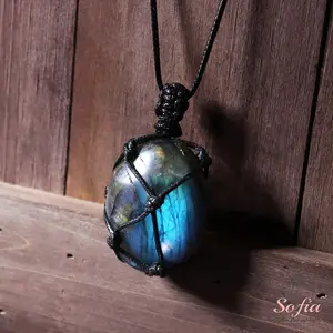 Sofia Natural Labradorite Crystal Tumbled Stone Charm Necklace Amulet Adjustable 24 Inch Handmade Rope Chain Gift for Her Him