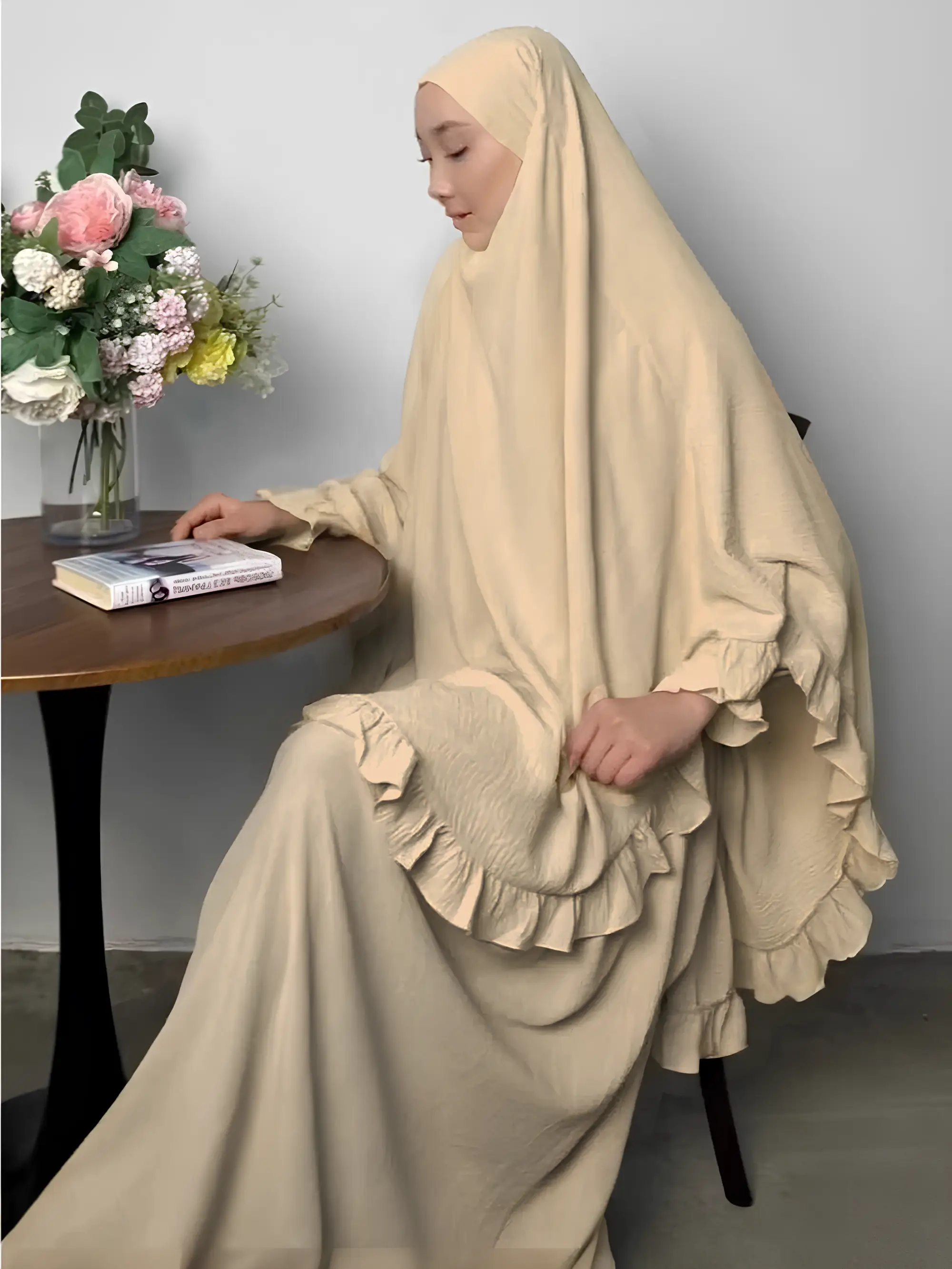 【plus Size】Eid Ramadan Muslim Women 2 Piece Abaya Set – Solid, Modest, Long Khimar with Dress, Jilbab Hijab Niqab Prayer Outfit Ensemble