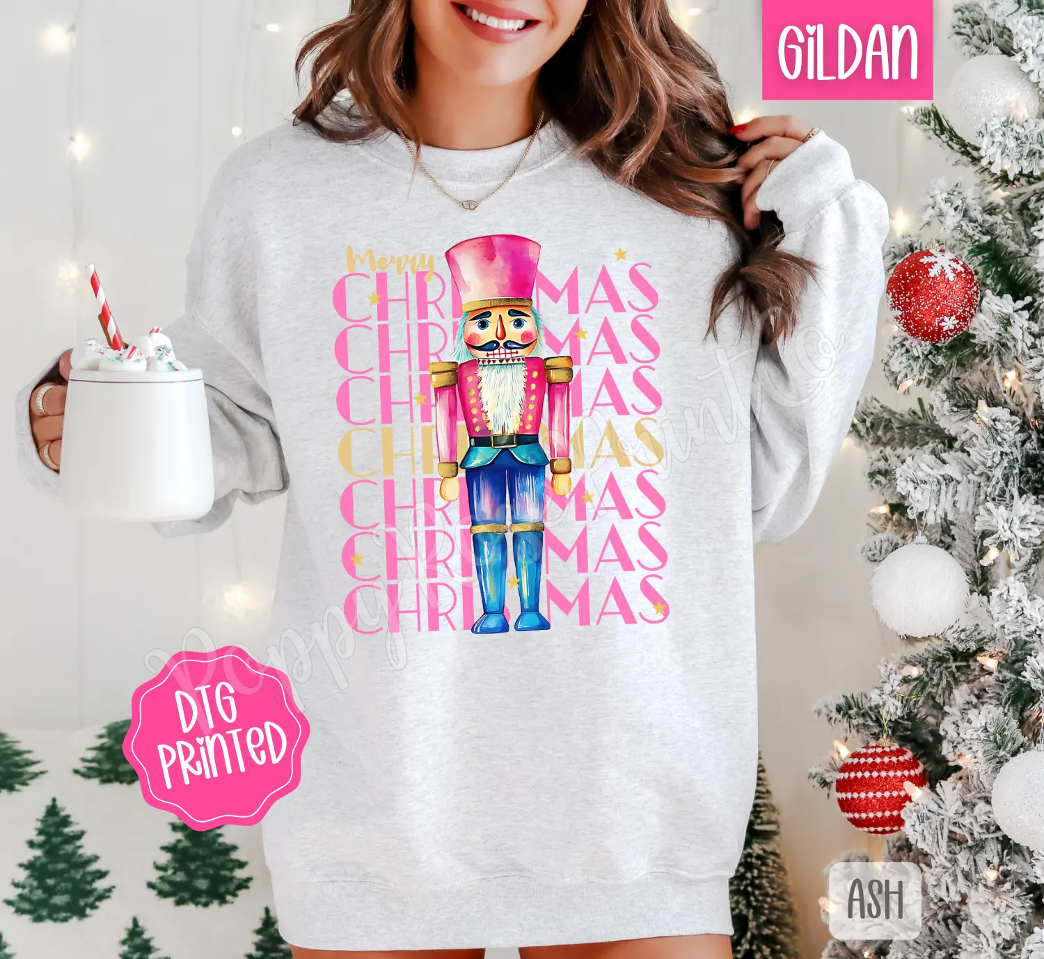 Pink Christmas Nutcracker Sweatshirt, Trendy Women's Holiday Crewneck