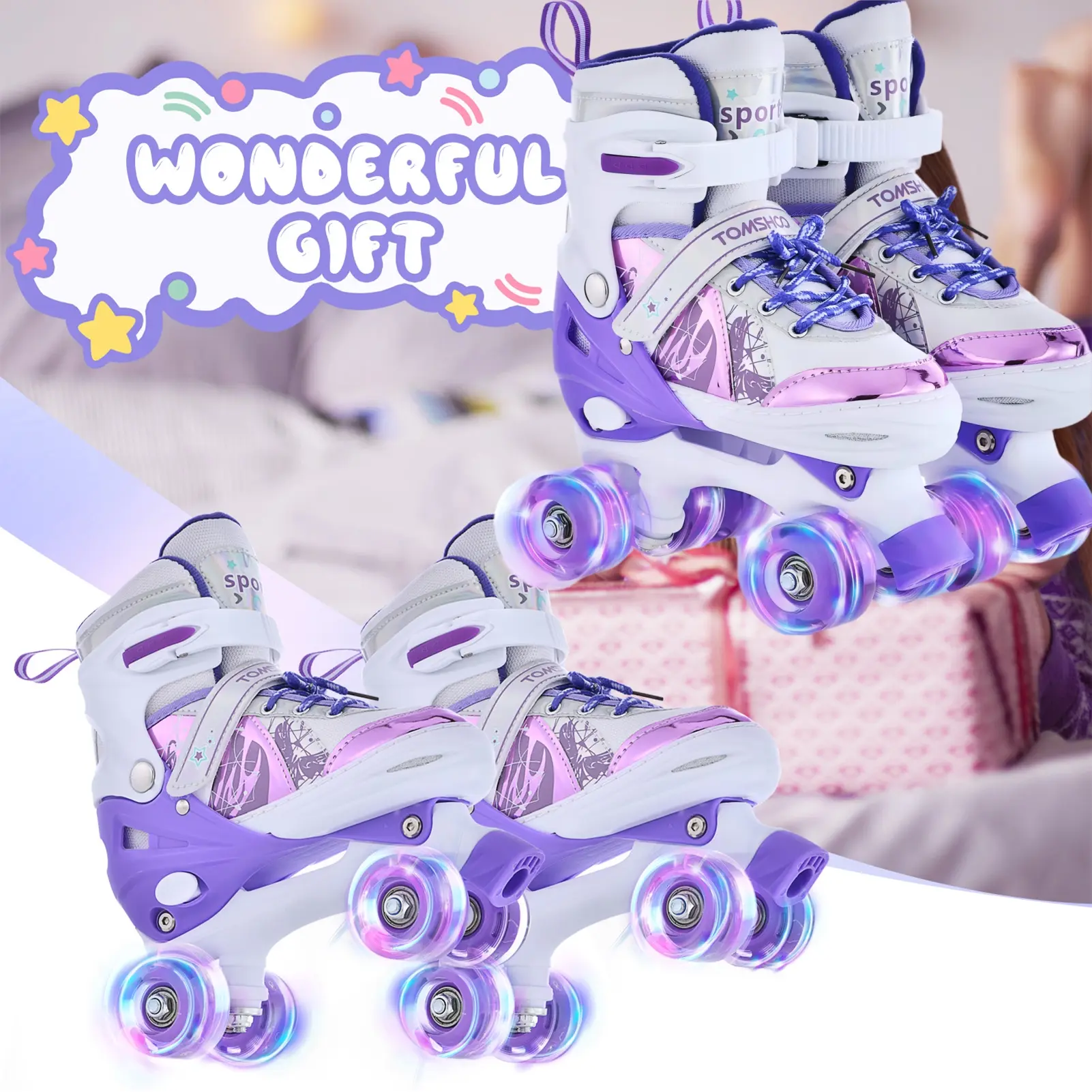 Kids' 4-Size Adjustable Purple Inline Skates with Luminous Flashing LED Light-Up Wheels, Ideal Gift for Boys & Girls, Skate Wheels