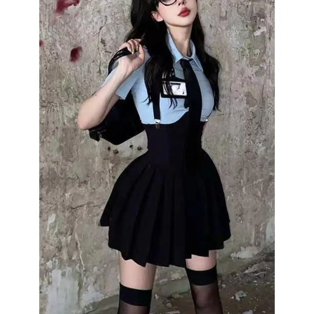Vintage School Uniform Two-Piece Set: Corset Lace-Up Shirt and High-Waist Pleated Skirt Clothes Womenswear