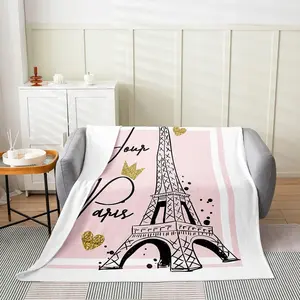 Eiffel Tower Flannel Fuzzy Blanket,Pink Paris Tower Fleece Throw Blanket,French Paris Cityscape Plush Blanket,40"Lx50"W